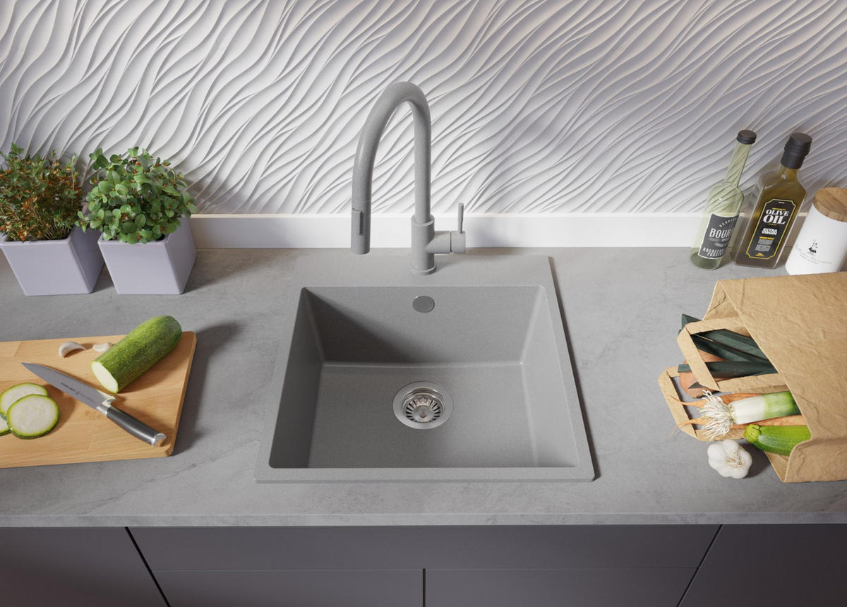 SPÜLBECKEN Riga, 2-er set Grau 48/50 cm 1 Becken + Ablauf-Set ab 50er Unterschrank - Chromfarben/Grau, Kunststoff (48/20/50cm) - Primagran