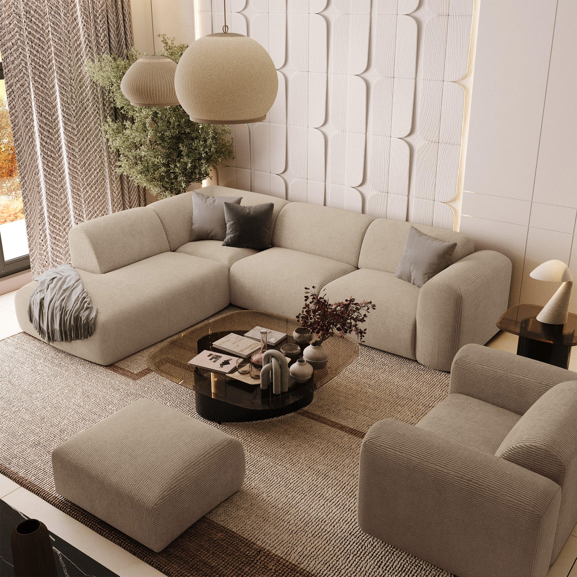 ECKSOFA LINKS Gerippter Samt Beige 269cm - Beige, Textil (221/269cm) - Sia Home