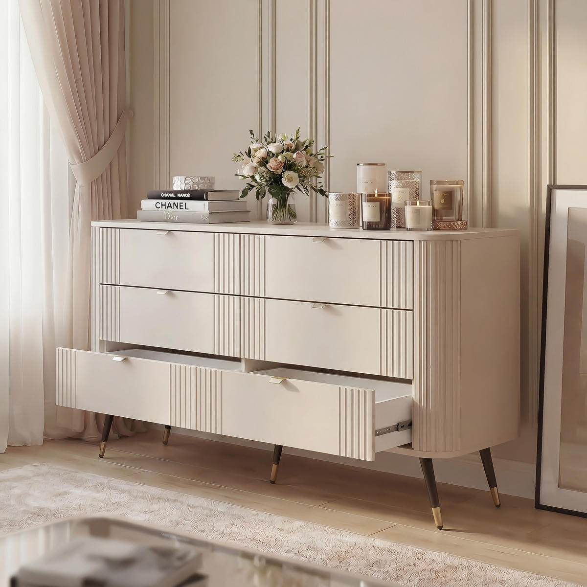 KOMMODE AURA mit Schubladen auf Füßen - Beige, Holzwerkstoff (138/80/40cm) - Idohome