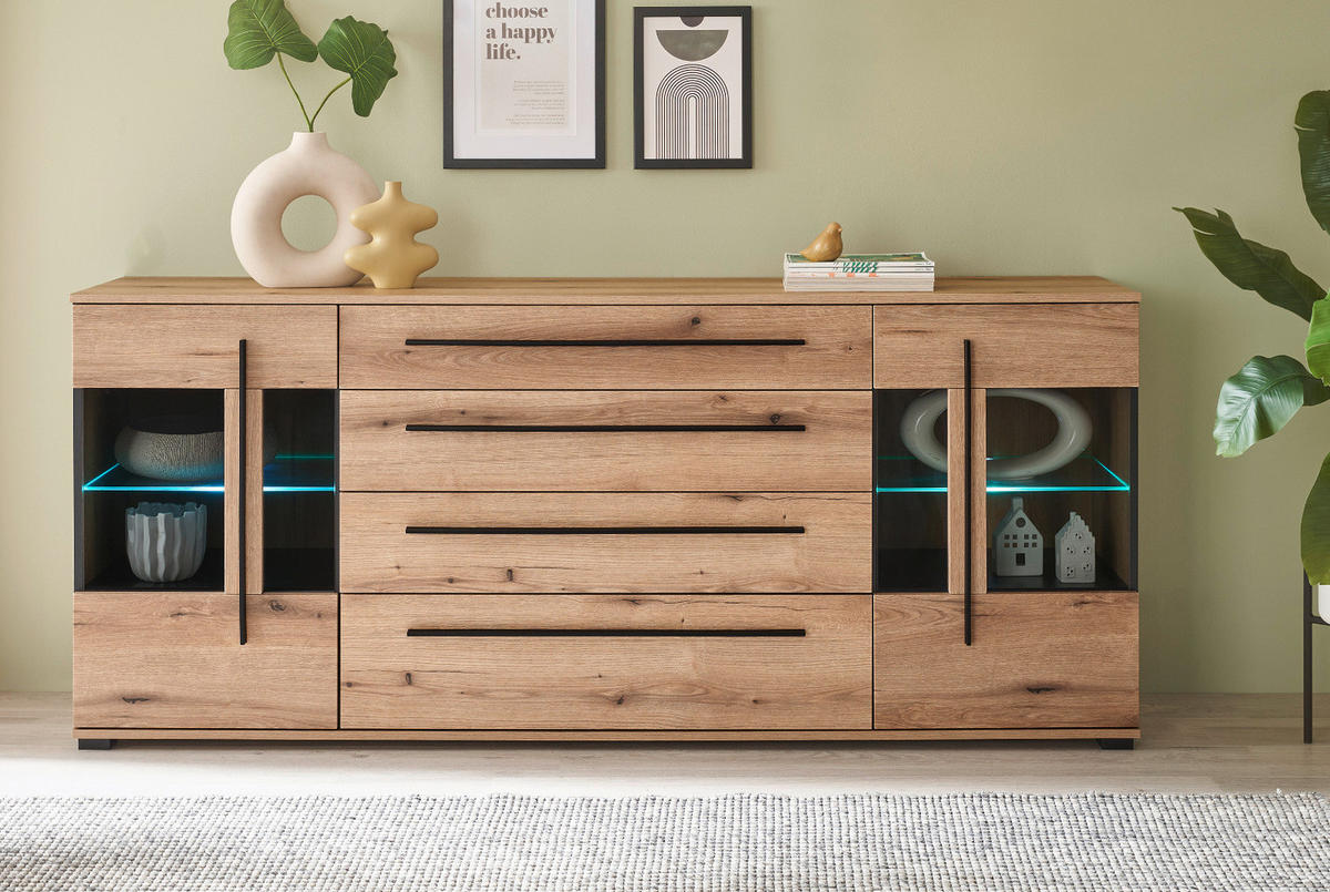 SIDEBOARD Eiche Evoke, Kommode 200 cm mit Soft-Close - Eichefarben/Schwarz, Glas/Holzwerkstoff (200/86/42cm) - Furn.Design