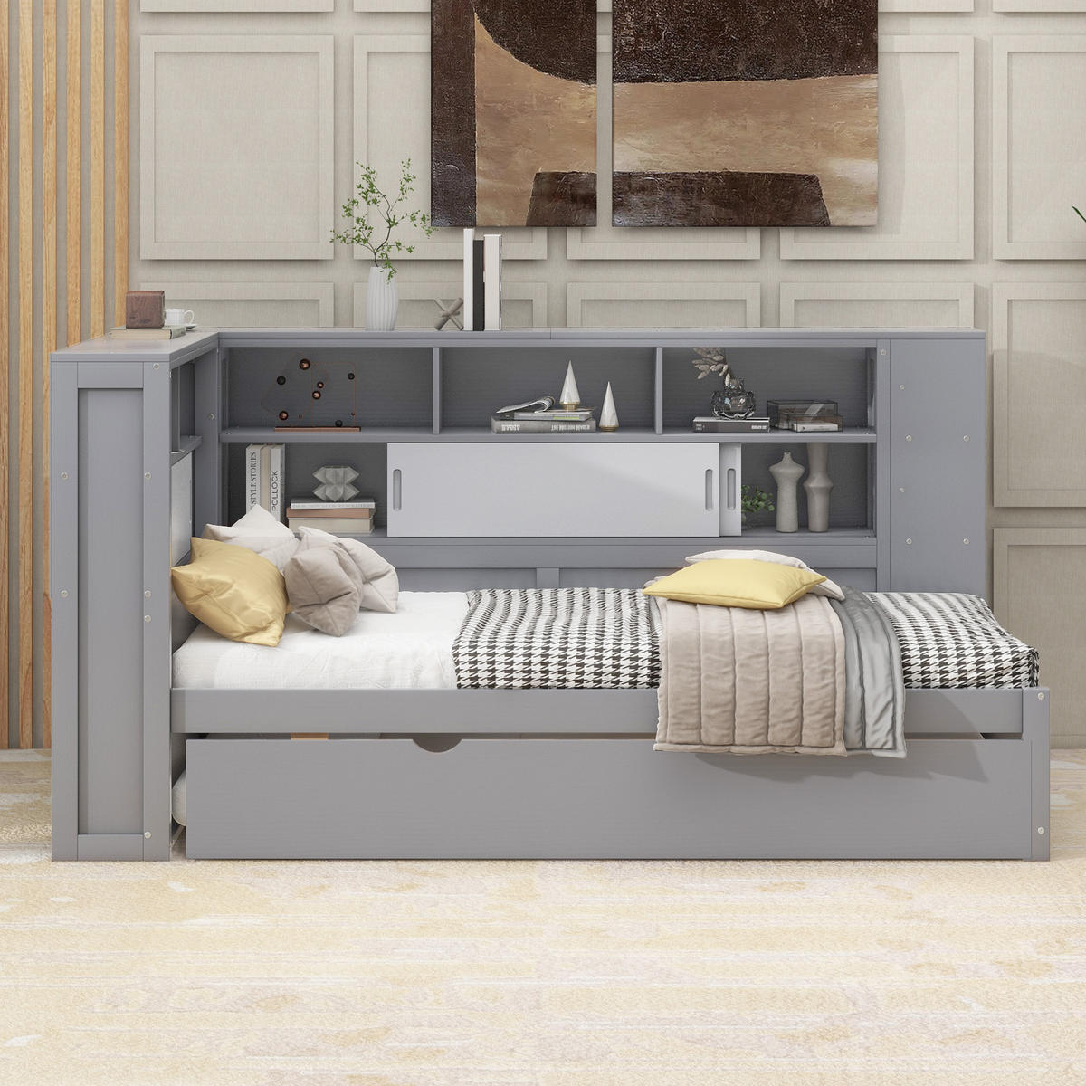 MULTIFUNKTIONSBETT 90/200 cm grau mit Ausziehbett und USB-Ladeanschluss - Grau, Holzwerkstoff (90/200cm) - OKWISH