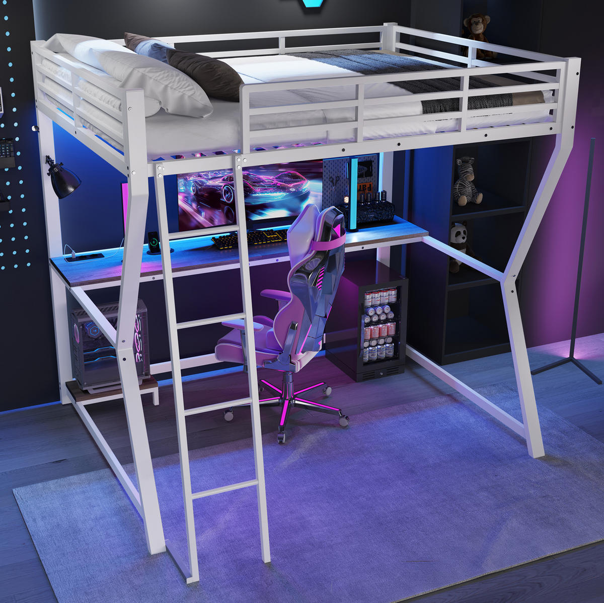 HOCHBETT 140/200 cm Weiß aus Metall mit Schreibtisch und LED-Lichtleiste - Weiß, Metall (140/200cm) - OKMYHOME