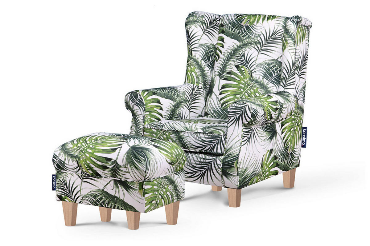 OHRENSESSEL-SET MILES mit Sitzhocker, weiß/grün - Weiß, Holz/Textil (82/105/97cm) - KONSIMO®