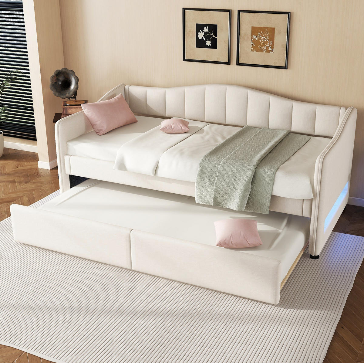 POLSTERBETT 90/200 cm Beige mit Polsterbett und LED-Beleuchtung - Beige, Textil (90/200cm) - Flora Grace
