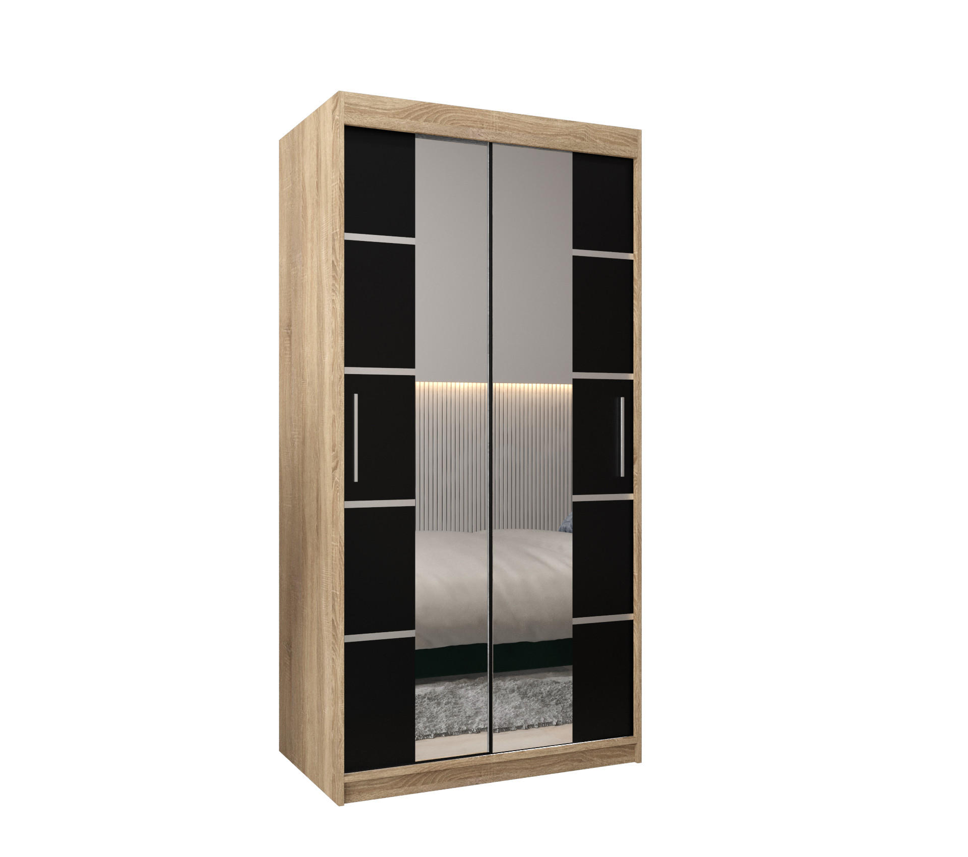 Möbel Kryspol Schwebetürenschrank Sonoma Eiche, Schwarz, Silber 100x200x62 cm