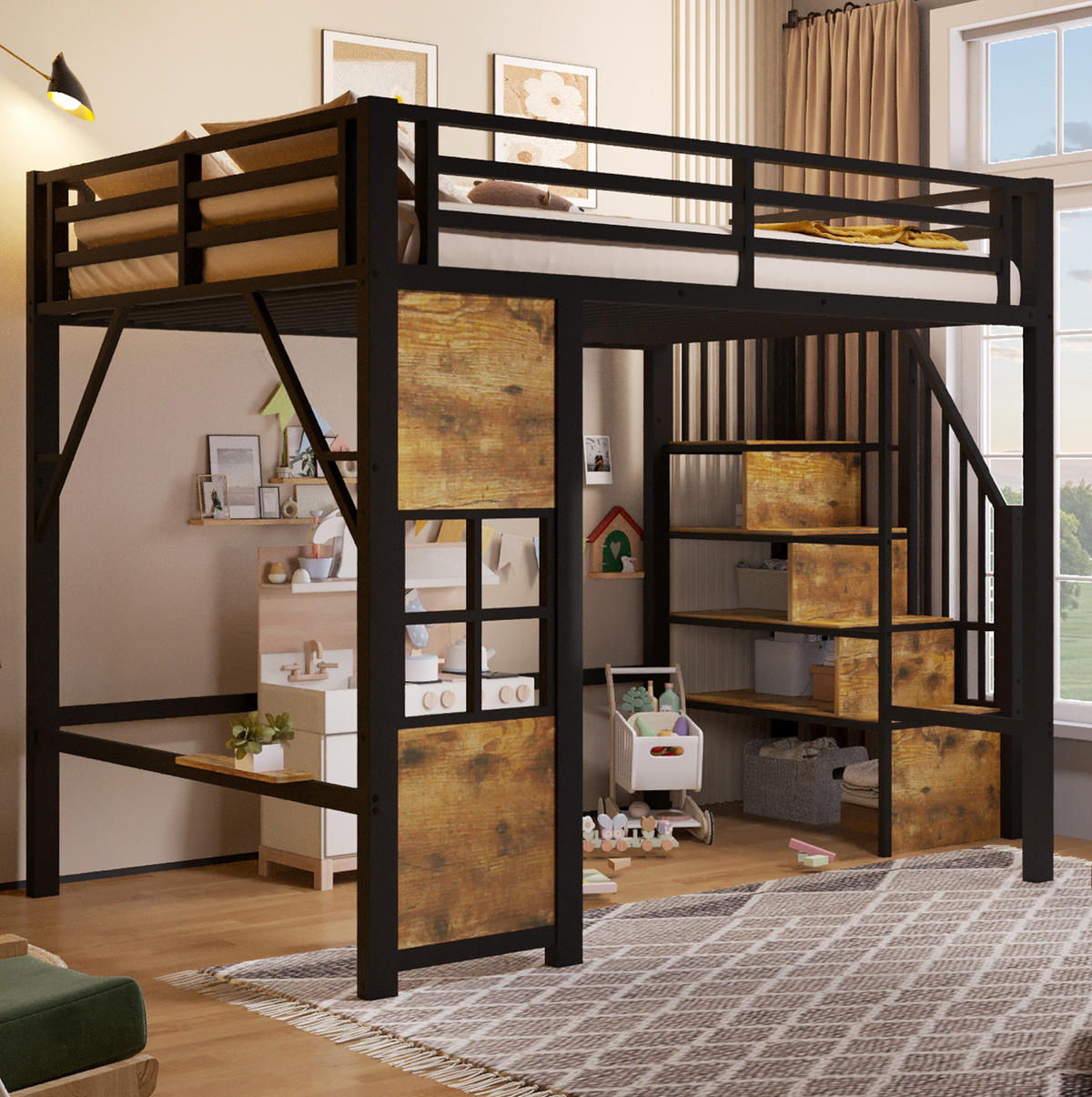 HOCHBETT 140x200 cm in Schwarz mit Stauraumtreppe und offenem Spielbereich - Schwarz, Holzwerkstoff (140/200cm) - IVMEU