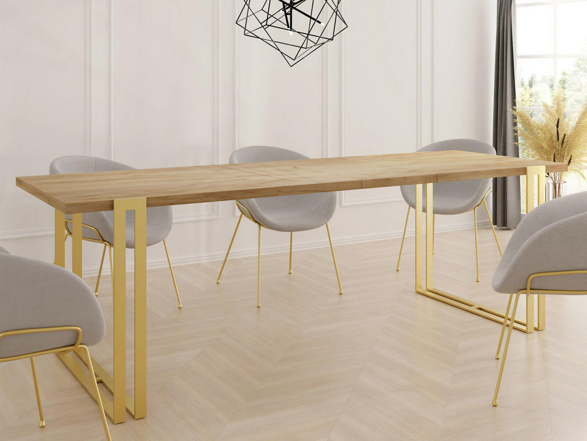 ESSTISCH Stella rechteckig ausziehbar, Craft Eiche 140-260/80/76 cm - Eiche Wotan/Goldfarben, Holzwerkstoff/Metall (140/80/76cm) - WFL GROUP