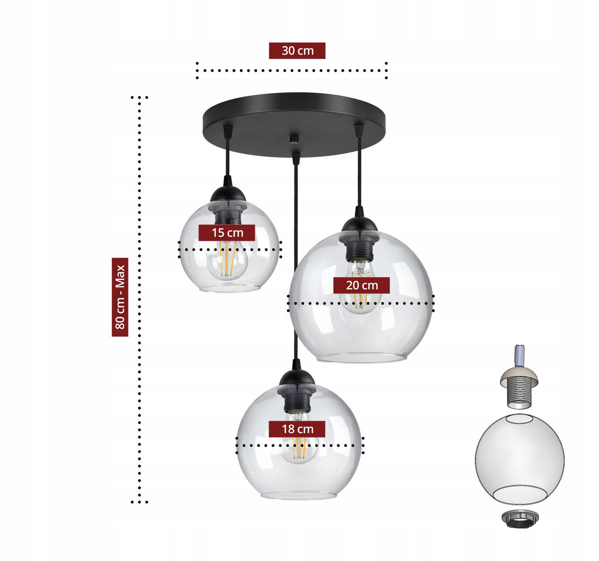 PENDELLEUCHTE HAGEN - Transparent/Schwarz, Glas/Metall (45/45/80cm) - kiki design