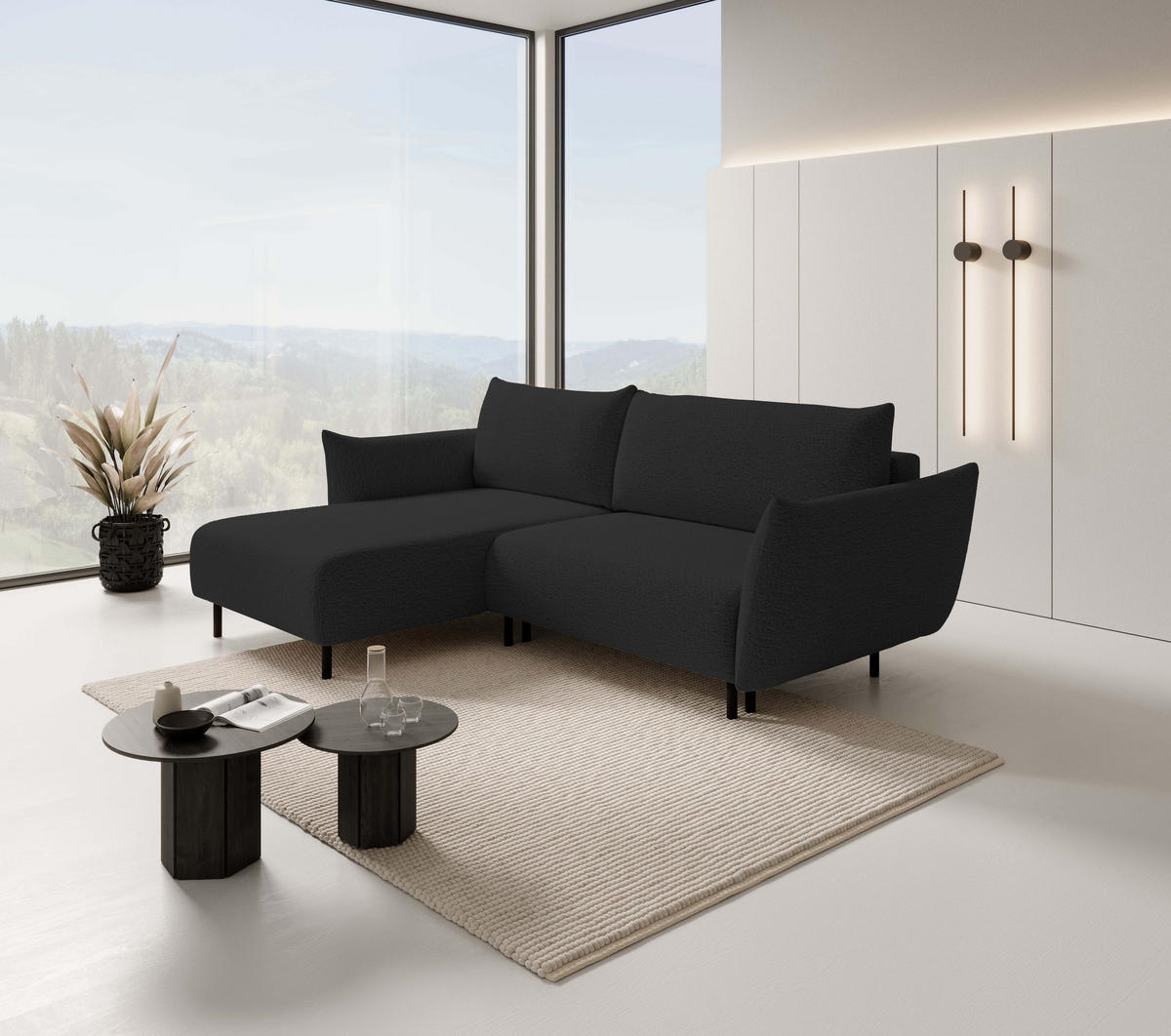 ECKSOFA ADEL mit Schlaffunktion und Bettkasten, L-förm, Metallbeine, verstellbar lose Rückenkissen, freistehend, LINKS, 171x257x90 cm, Black - Schwarz, Holz/Textil (171/257cm) - DomoHome