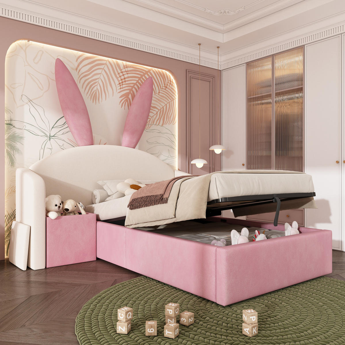 POLSTERBETT 90/190 cm in Beige-Rosa mit Hasenohren und Stauraum - Beige, Textil (90/190cm) - Flora Grace