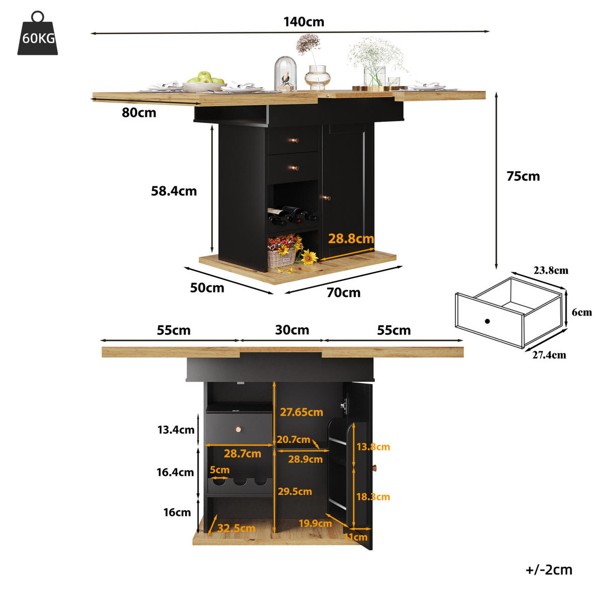 ESSTISCH aus MDF 110-140x80x75 cm Schwarz/Natur mit Auszug, Stauraum und Snack-/Weinregalen - Schwarz, Holzwerkstoff (110/80/75cm) - Modfu