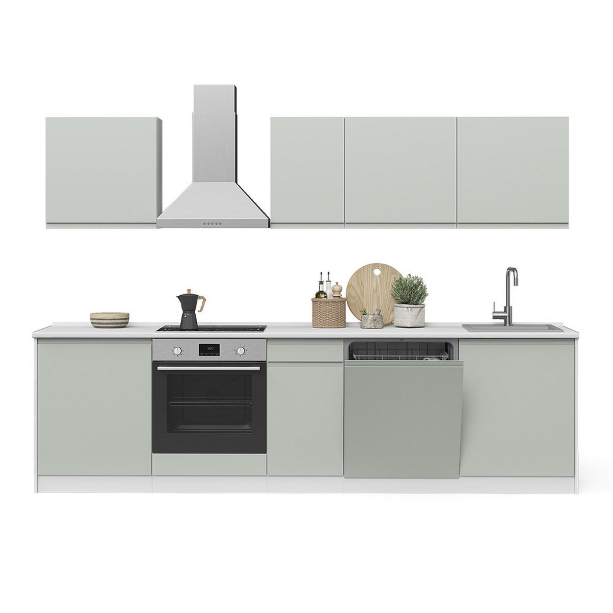 KÜCHENZEILE R-Line, Pastellgrün/Weiß, 280 cm Arbeitsplatte Satin - Pastellgrün/Weiß, Holzwerkstoff (280/206.8/60cm) - Vicco