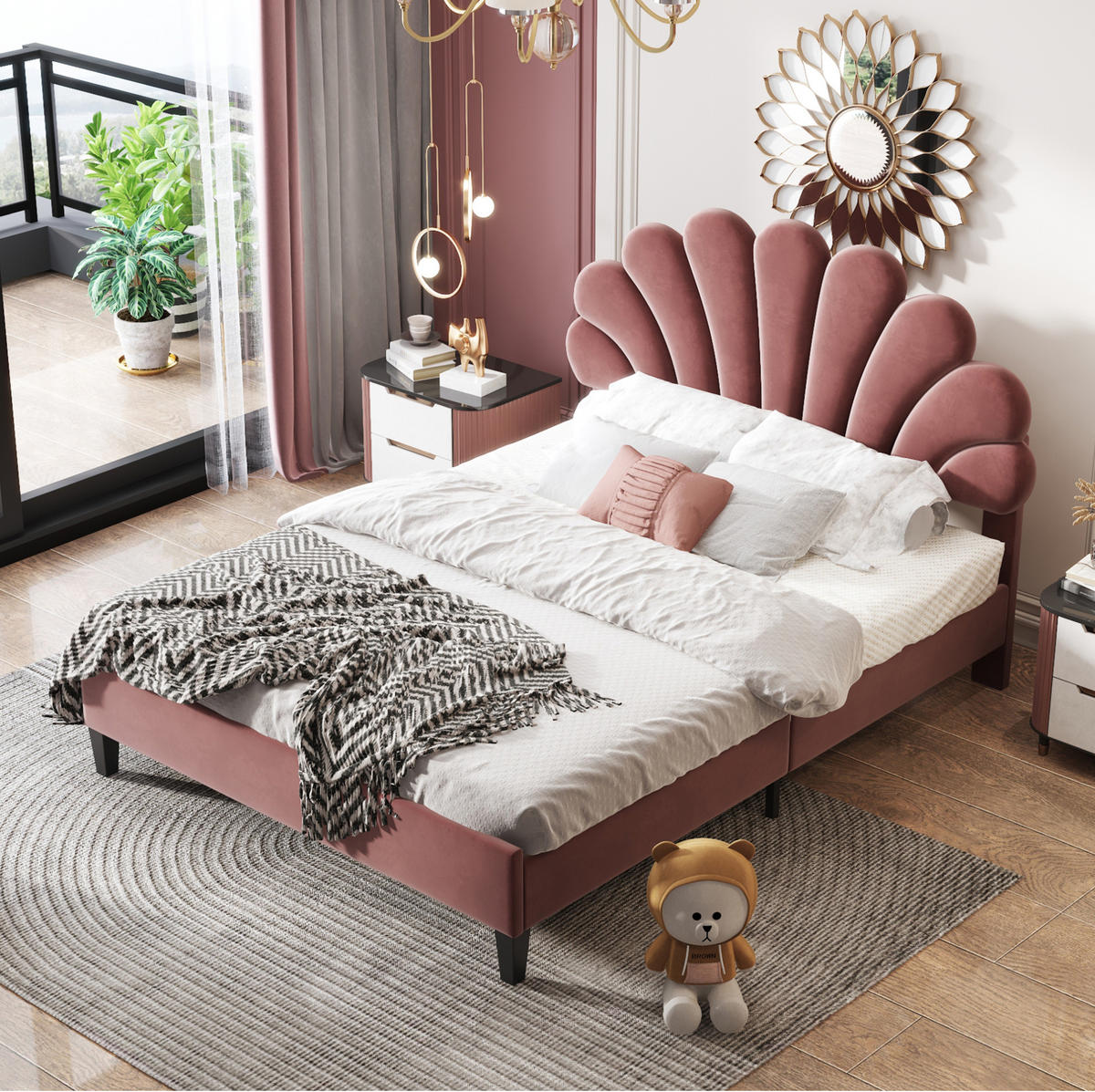 ČALÚNENÁ posteľ z MDF a drevotriesky 140x200 cm červená s čelom v tvare kvetu, latkovým roštom a úložným priestorom - tmavoružová, textil (140/200cm) - Modfu