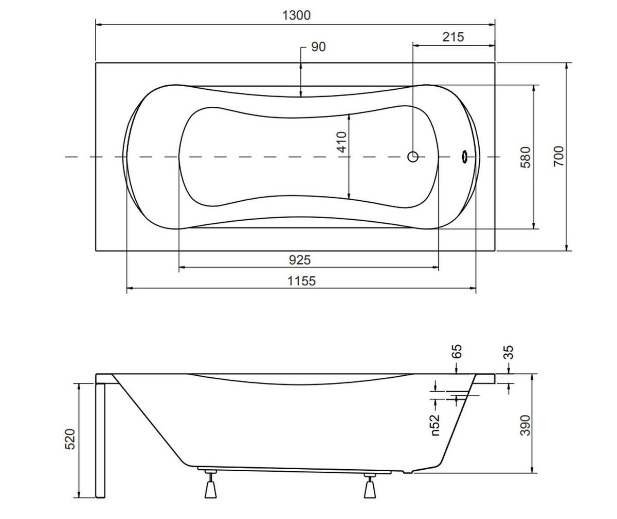BADEWANNE Rechteck ARIA 130/70 Ablauf & Füße - Weiß, Kunststoff (70/52/130cm) - bad land