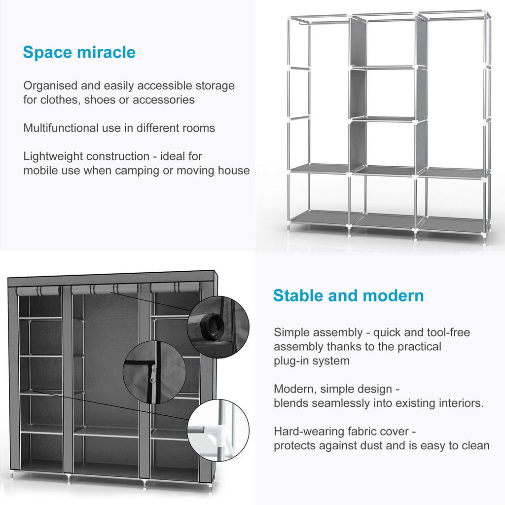 Thumbnail - Intirilife Kleiderschrank, Grau, Textil, 45x175x150 cm, Schlafzimmer, Kleiderschränke, Stoffschrank
