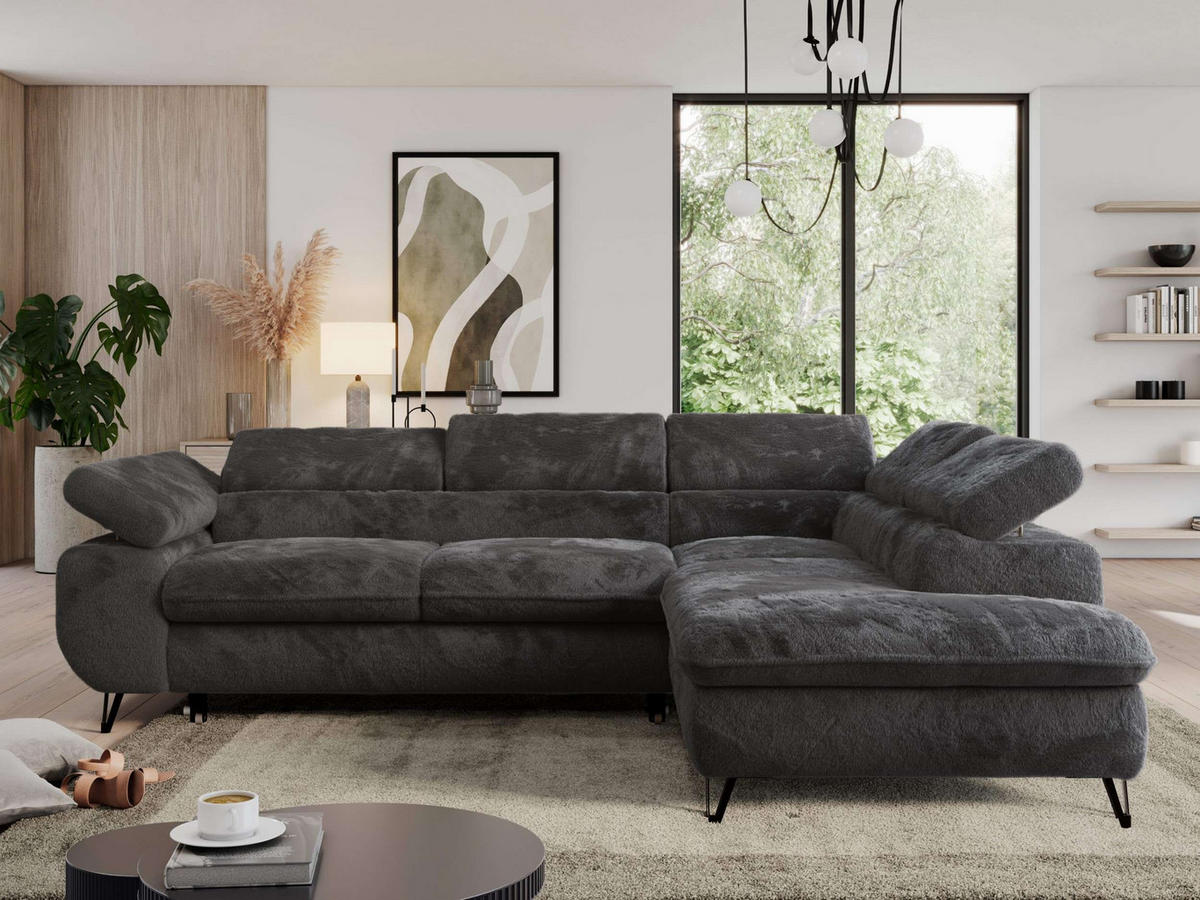 ECKSOFA PEDRO L Anthrazit Plüsch - Rechts Seite - Anthrazit/Schwarz, Textil/Metall (273/208cm) - MKS