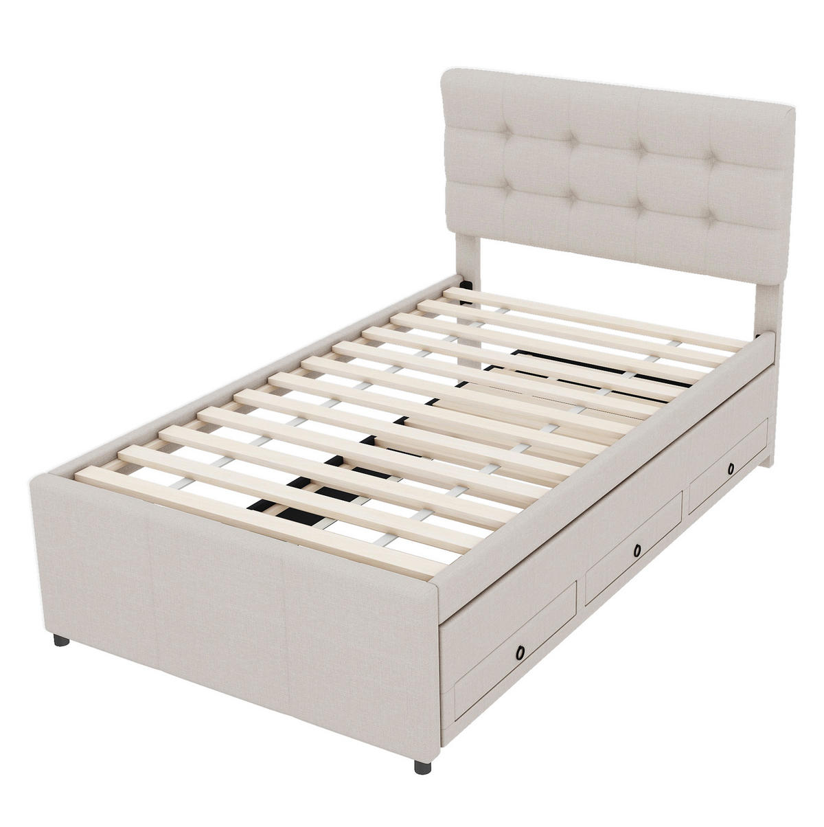 BETT mit Ausziehbett und 3 Schubladen 90x200 cm Leinen Beige - Beige, Holz (90/200cm) - Meubliv