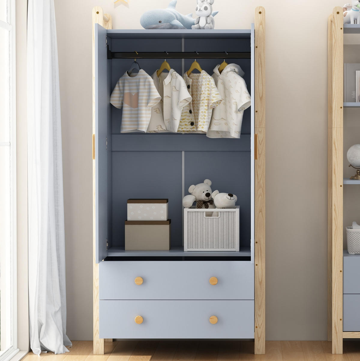 GARDEROBENSET 160/44/180 cm blau/natur aus Holz/MDF mit Schrank und Regal - Blau, Holzwerkstoff (160/180.5/44cm) - OKWISH