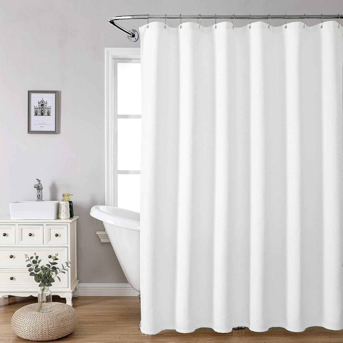 DUSCHVORHANG Struktur Weiß 200/180 cm Stoff Schimmelresistent mit Metallringen - Weiß, Kunststoff (180/200cm) - MCBOSON