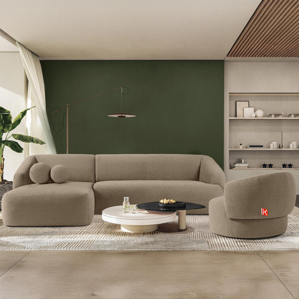ECKSOFA LINKS VIRA, Beige, Bouclé - Beige/Schwarz, Holz/Holzwerkstoff (300/160cm) - KONSIMO®