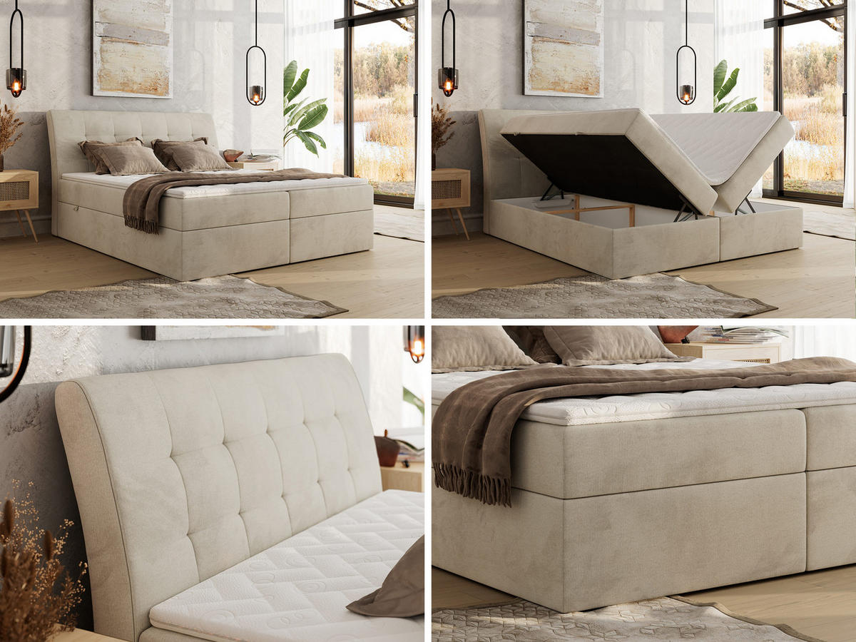 BOXBETT DAGOS 180/200 - Beige Velvet - H3 - Topper T25 - Beige, Textil (180/200cm) - MKS