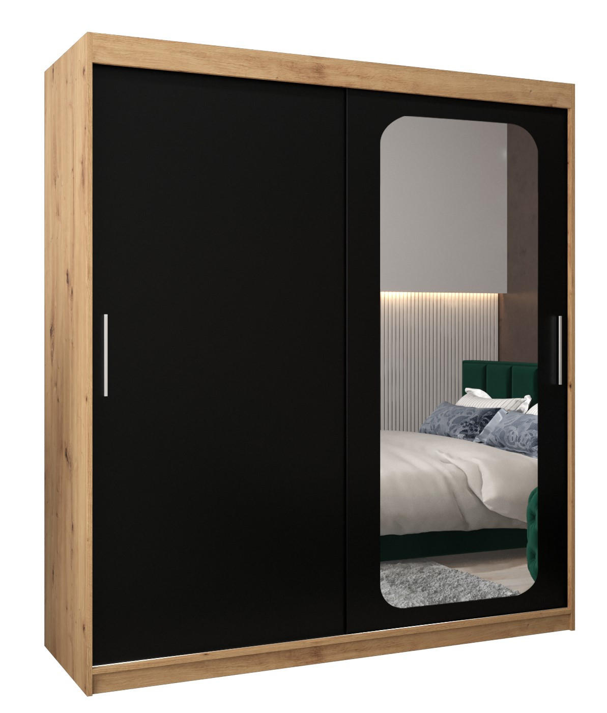 Abiks Möbel Schwebetürenschrank Eiche Artisan, Schwarz 180x200x62 cm