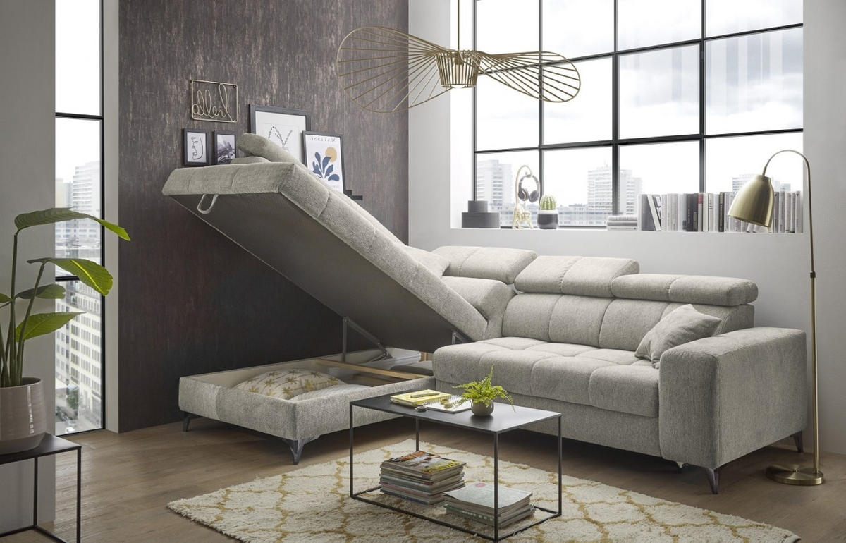 ECKSOFA mit Schlaffunktion und Bettkasten, Luxus-Mikrofaser - Beige/Schwarz, Textil/Metall (282/198cm) - ed exciting design