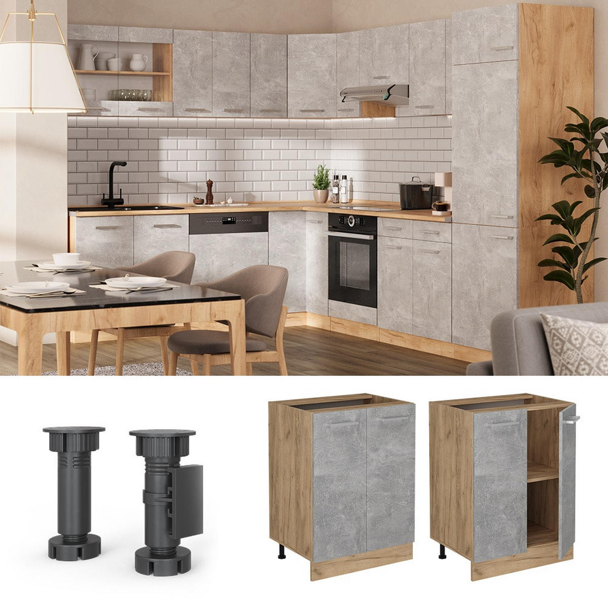 KÜCHENUNTERSCHRANK R-Line Beton 60 cm , AP Anthrazit - Honigeiche/Grau, Holzwerkstoff (60/81.6/60cm) - Vicco