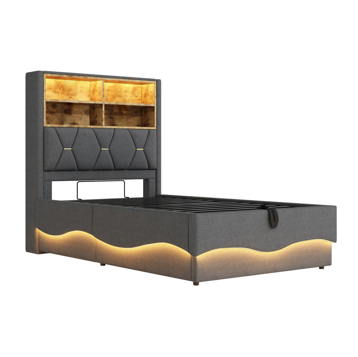 BETT mit Stauraum und LED 90x200 cm Leinenstoff Grau - Grau, Metall (90/200cm) - Beauniv