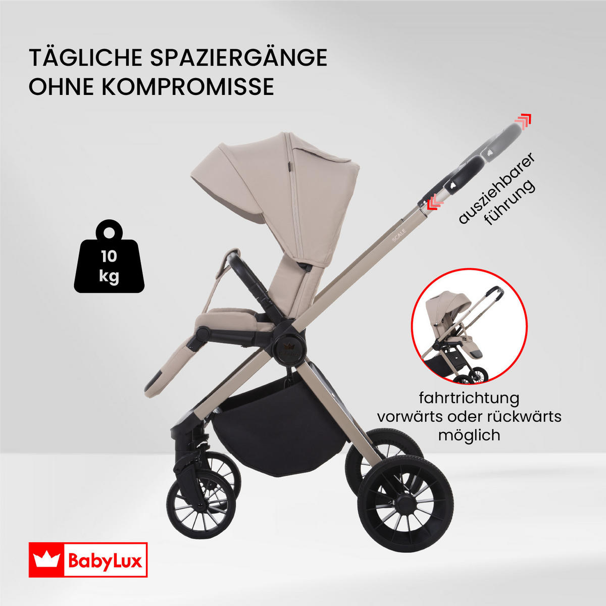 BUGGY Scale, Klein und Leicht, Teleskopische Führung, Kompakt Faltbar, Wickeltasche, Reisetasche - Beige/Schwarz, Textil/Metall (58/100cm) - BabyLux