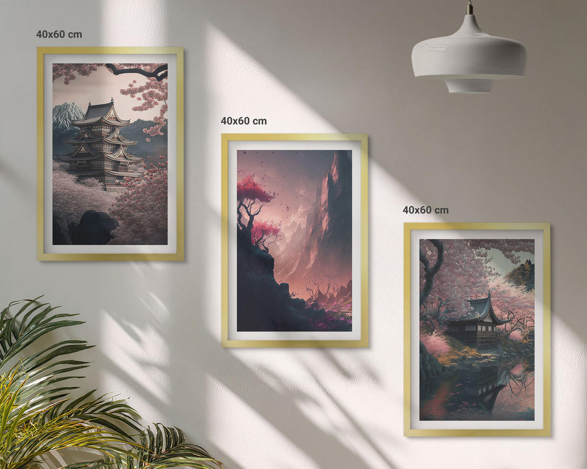 WANDBILDER 3er Set - 40x60 cm Goldrahmen - Fantasielandschaften der japanischen Berge - Goldfarben, Kunststoff (40/60cm) - ArtPrintCave