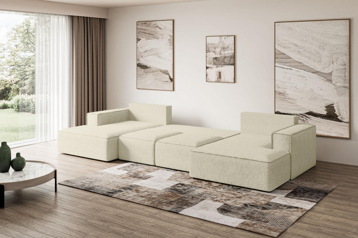WOHNLANDSCHAFT mit Schlaffunktion und Bettkasten SIERRA-U-S - 349x161x87 cm Beige Bouclé - Beige/Schwarz, Holzwerkstoff/Kunststoff (349/87/161cm) - ALTDECOR