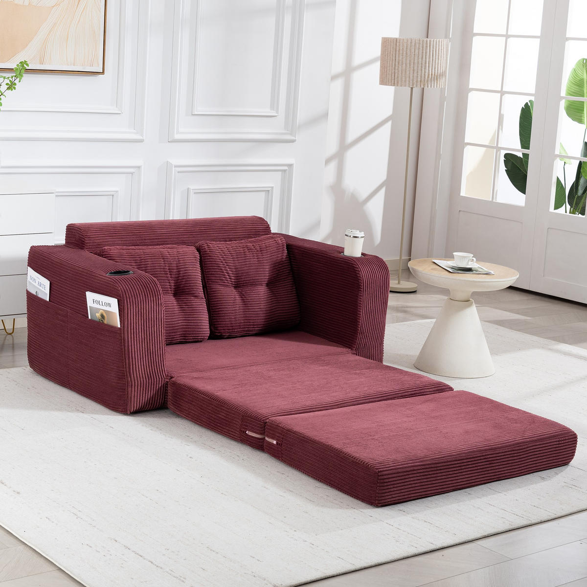 SCHLAFSOFA 2-Sitzer Sofa mit 2 Zierkissen,Lounge Sofa,Polstersofa,Cord,Weinrot - Rot, Textil (136/82.5/80cm) - LVHOM