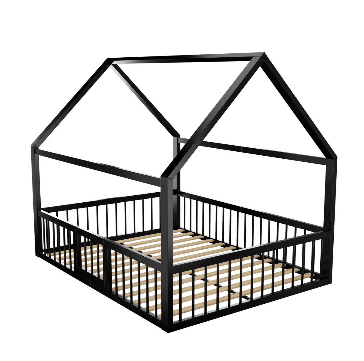 KINDERBETT 140/200 cm in Hausform aus Metall mit Sicherheitsgeländer Schwarz - Schwarz, Metall (140/200cm) - BEAOK