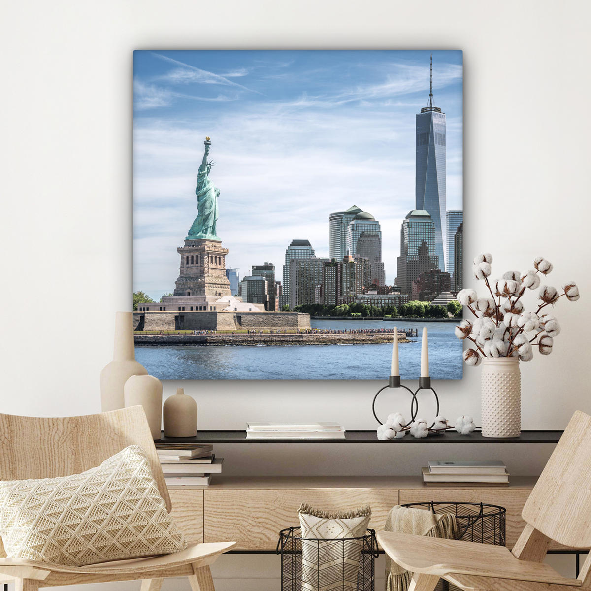 LEINWANDBILD New York - Freiheitsstatue - Wasser Deko Groß 90x90 cm - Hellblau, Textil (90/90cm) - MuchoWow