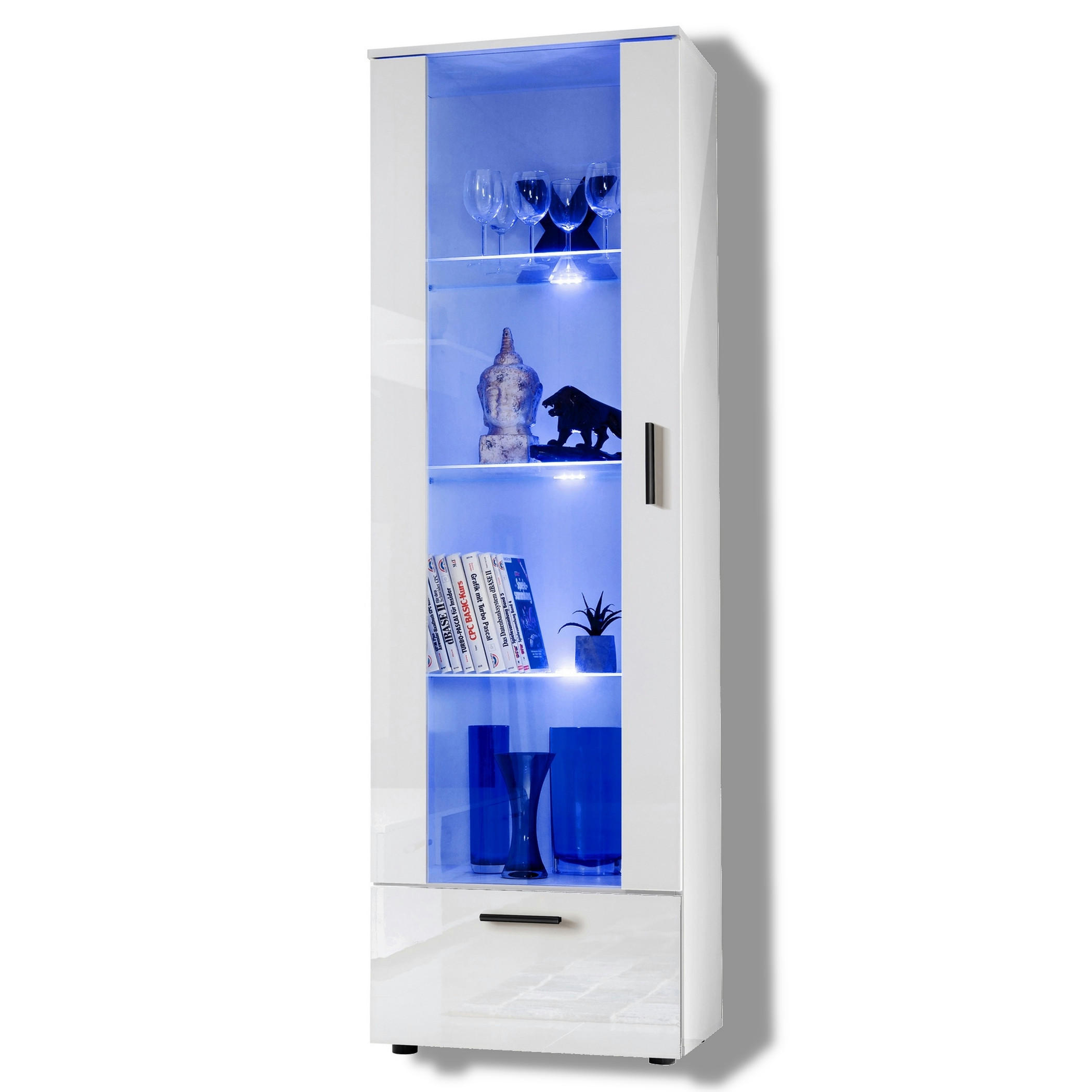 VITRINE ALESSANDRIA, Weiss, LED Blau - Schwarz/Weiß, Glas/Holzwerkstoff (60/192/42cm) - Komodee
