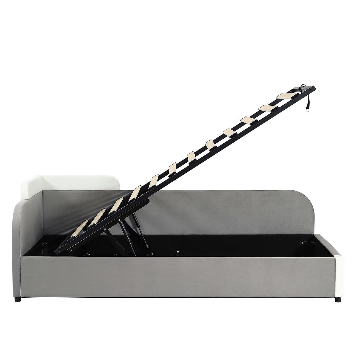 POLSTERBETT 90/200 cm weiß/grau aus Samt und Sperrholz mit Stauraum und Schutzumrandung - Grau, Holzwerkstoff (90/200cm) - OKWISH