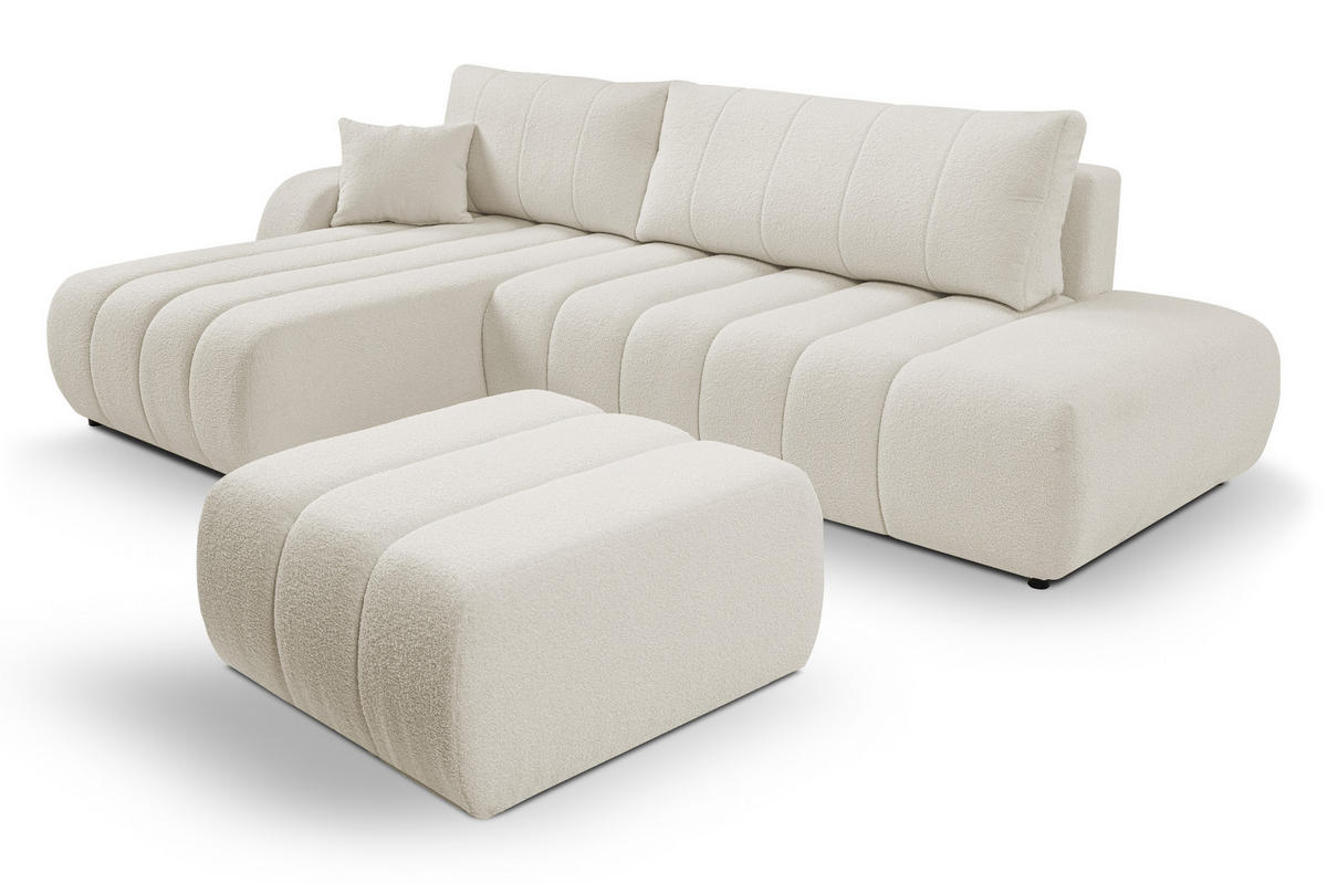ECKSOFA Baloo mit Schlaffunktion und Bettkasten, komfortable Polsterung, Stoffbezug, lose Rückenkissen, freistehend, LINKS, 176x276x88 cm, White - Weiß, Holz/Textil (176/276cm) - DomoHome