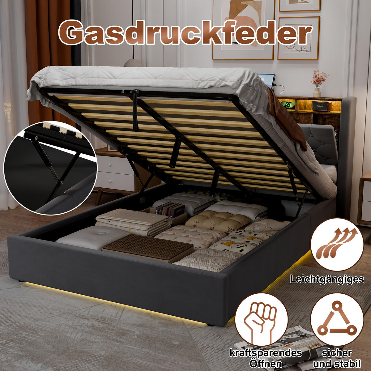 POLSTERBETT aus Samt 140x190 cm Grau mit LED-Beleuchtung & USB-Anschlüsse mit hydraulischem Stauraum - Grau, Textil (140/190cm) - Modfu