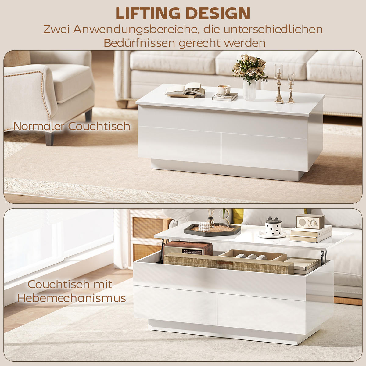 COUCHTISCH höhenverstellbar Spanplatte Hochglanzweiß - Weiß Hochglanz, Holzwerkstoff (102/48/54.5cm) - HOMCOM