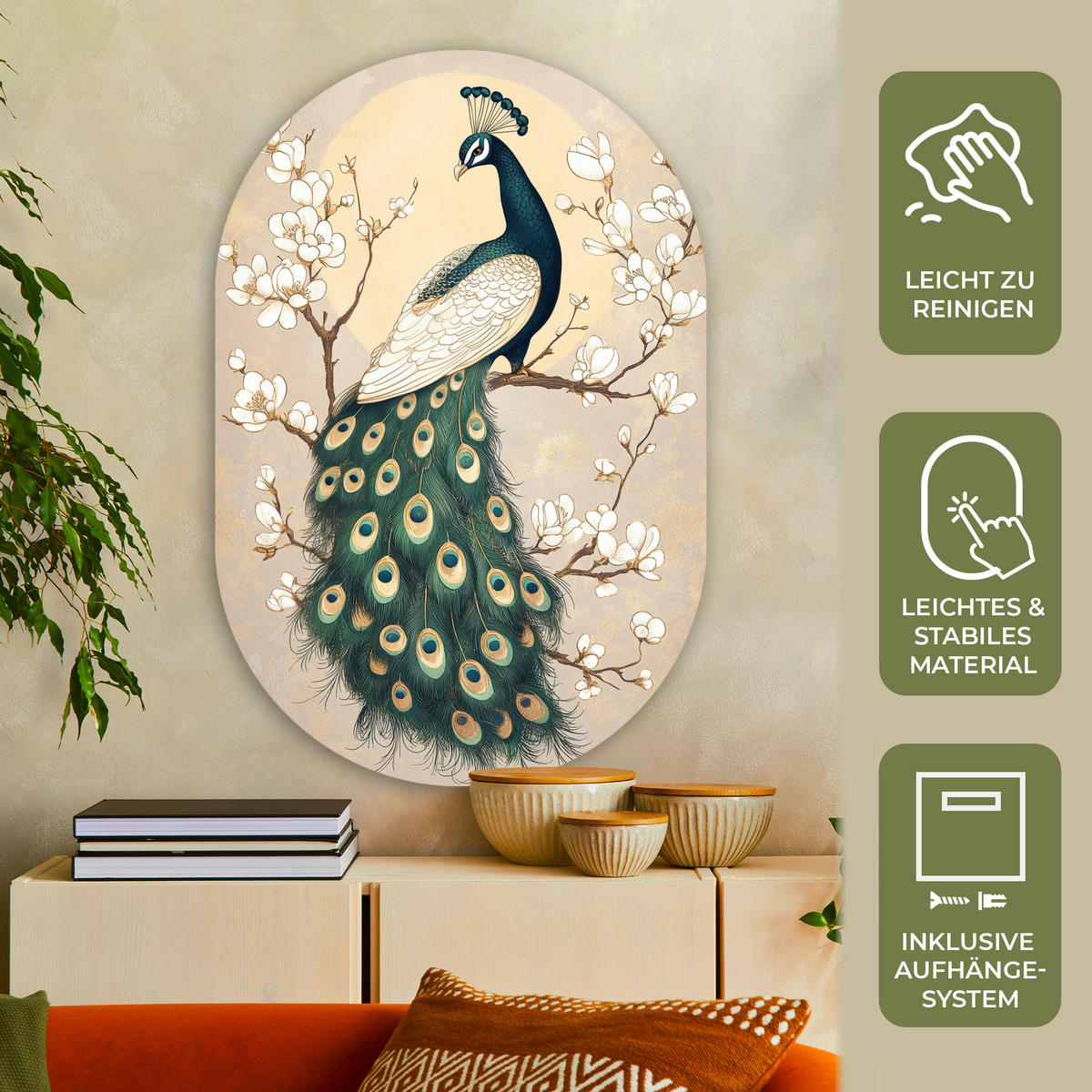 WANDBILD Pfau - Zweig - Blumen 80x120 cm - Champagner, Kunststoff (80/120cm) - MuchoWow