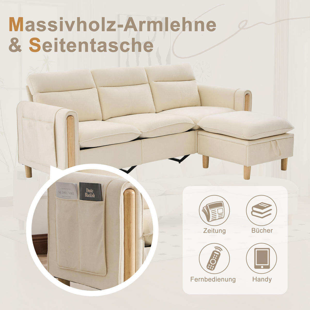 ECKSOFA 201/110/86 cm Beige mit Aufbewahrungshocker und Seitentaschen - Beige, Holz/Textil (201/110cm) - Oxeza