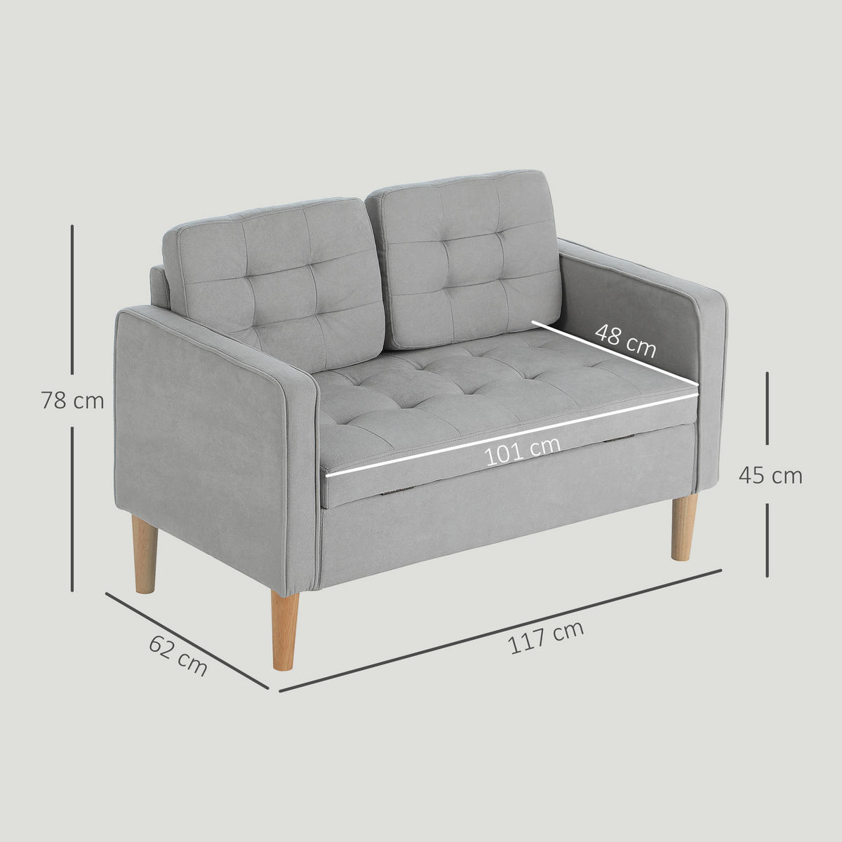 2 Sitzer Sofa, Couch mit Stauraum, Holzbeine, Gepolsterter Polstersofa, Hellgrau - Hellgrau/Naturfarben, Holz/Textil (62/78/117cm) - HOMCOM