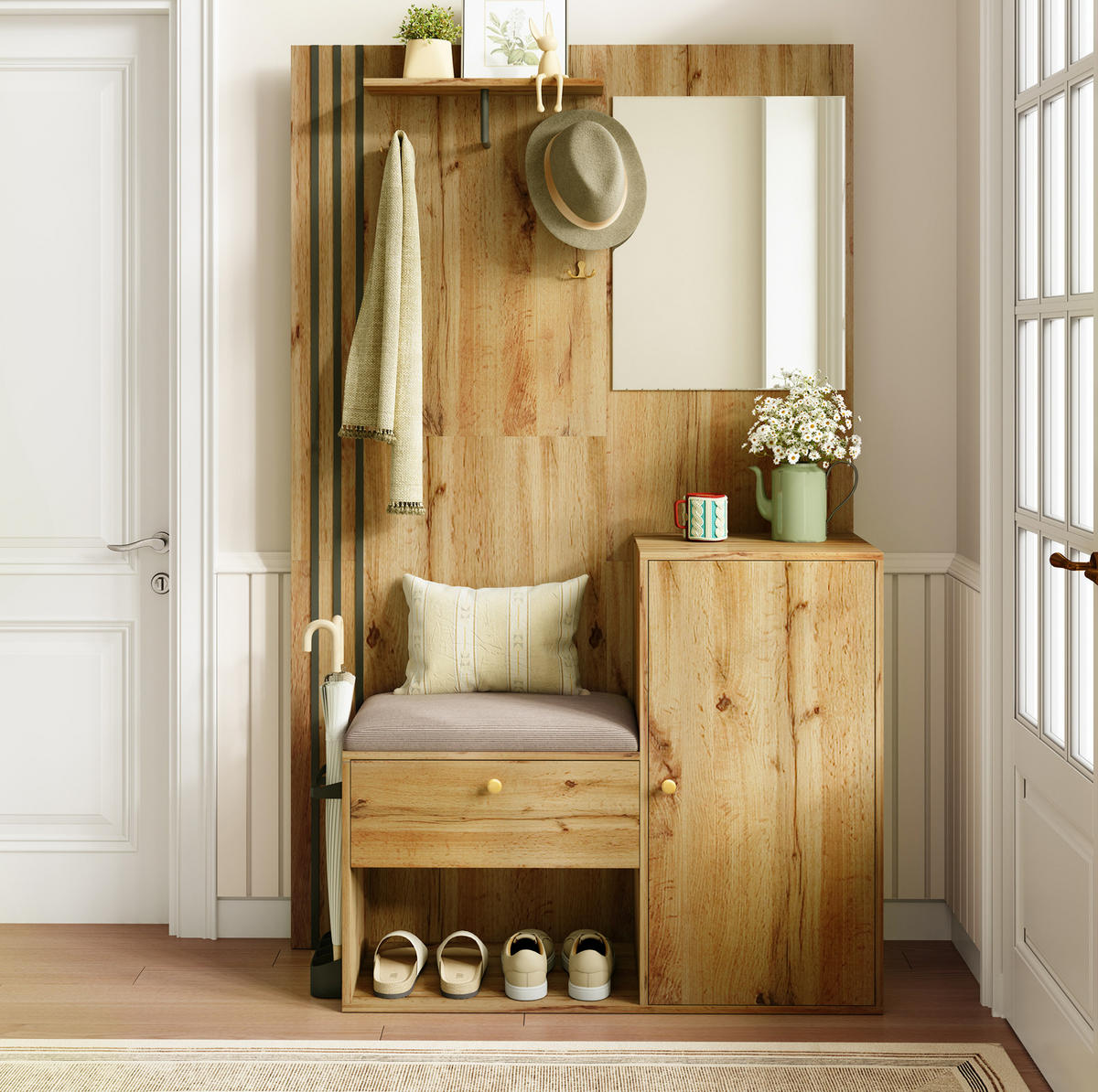SCHUHSCHRANK aus MDF 115x37x185cm in Natural mit Spiegel & Sitzpolster - Naturfarben, Holzwerkstoff (115/185/37cm) - Modfu