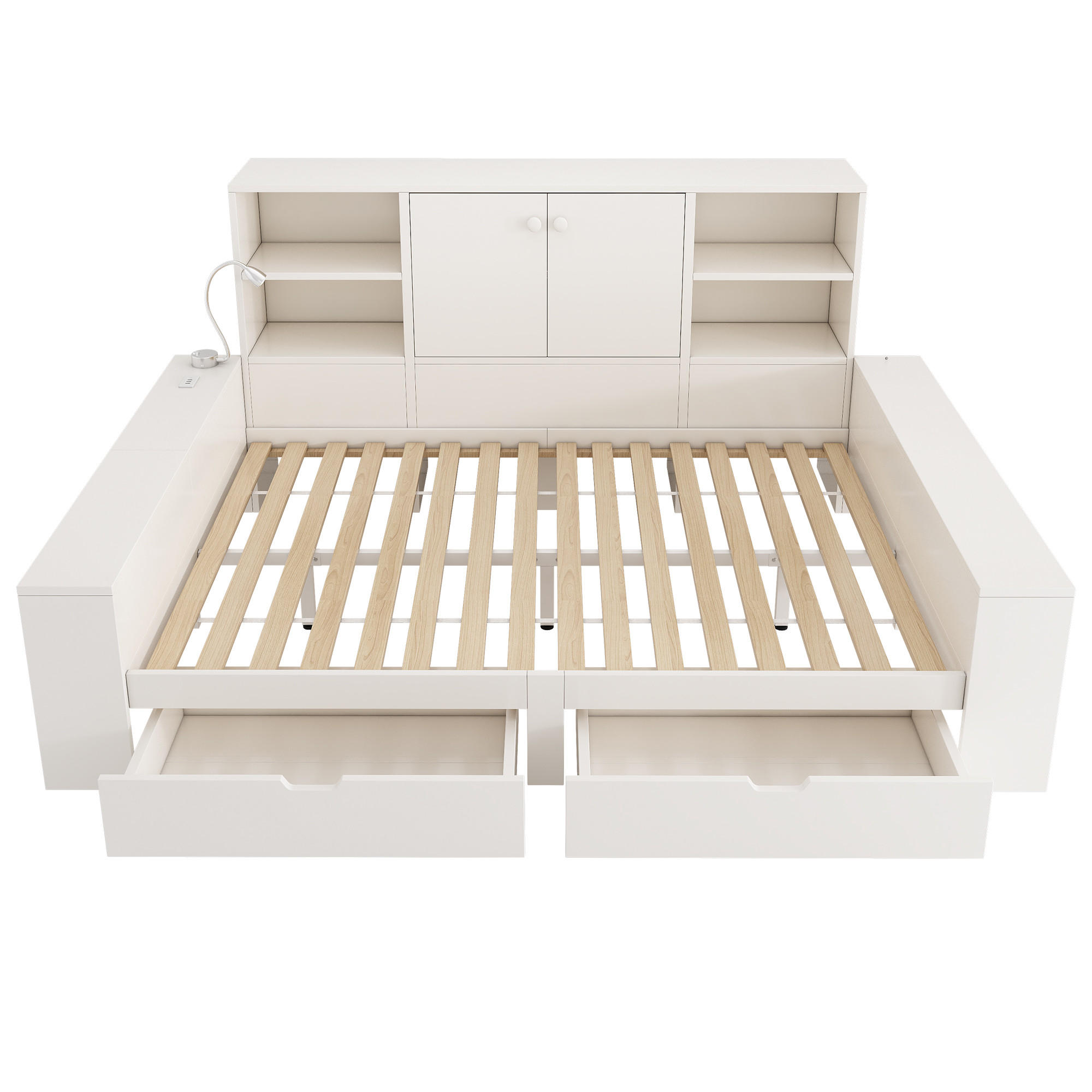 POLSTERBETT 140/200 cm Weiß mit 2 Schubladen, Stauraum, Doppeltüren und USB/USB-C Anschlüssen - Weiß, Holz (140/200cm) - Oxeza