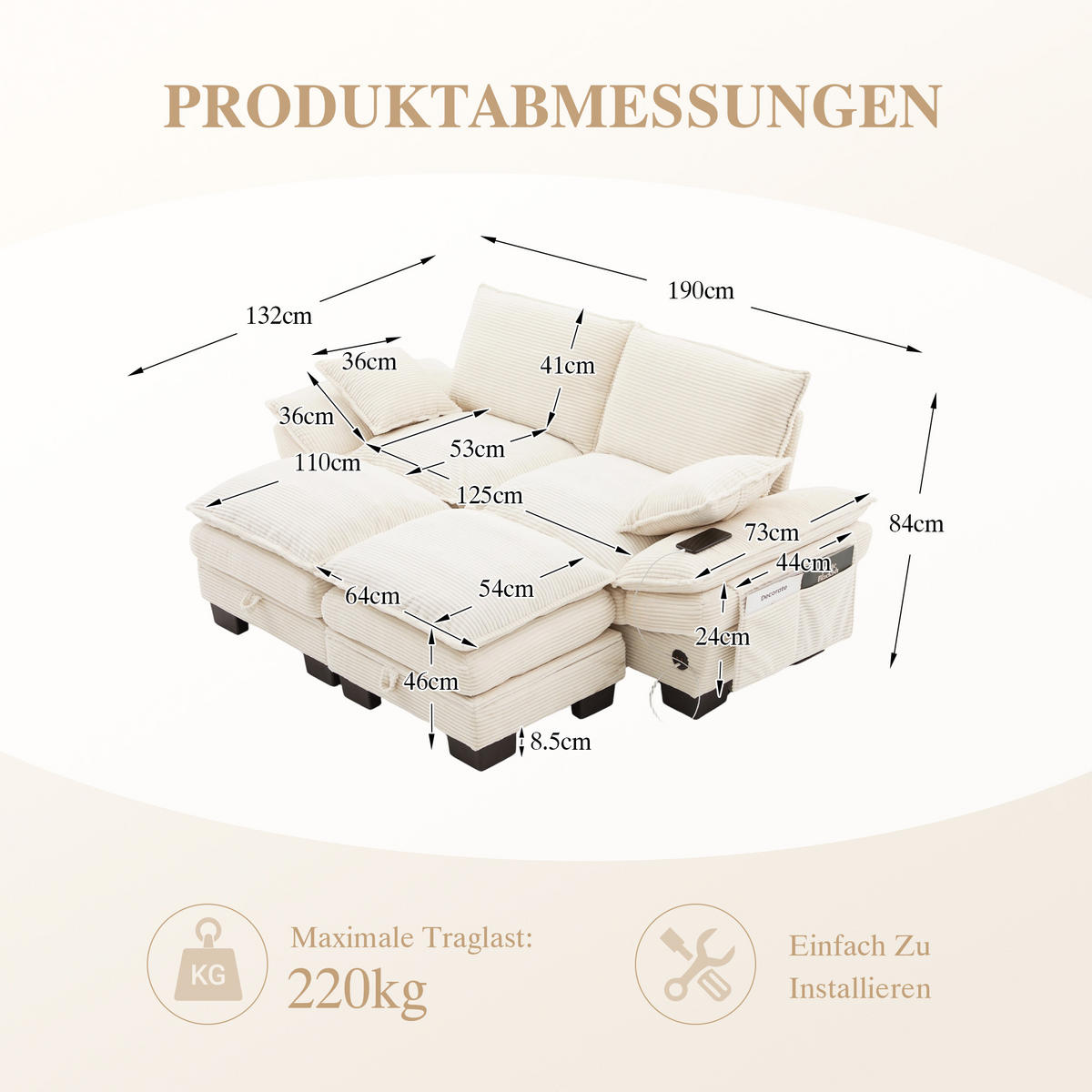 2-SITZER SOFA Cord Beige mit USB-C und Seitentaschen - Beige, Holzwerkstoff/Kunststoff (190/84/132cm) - WISHDOR