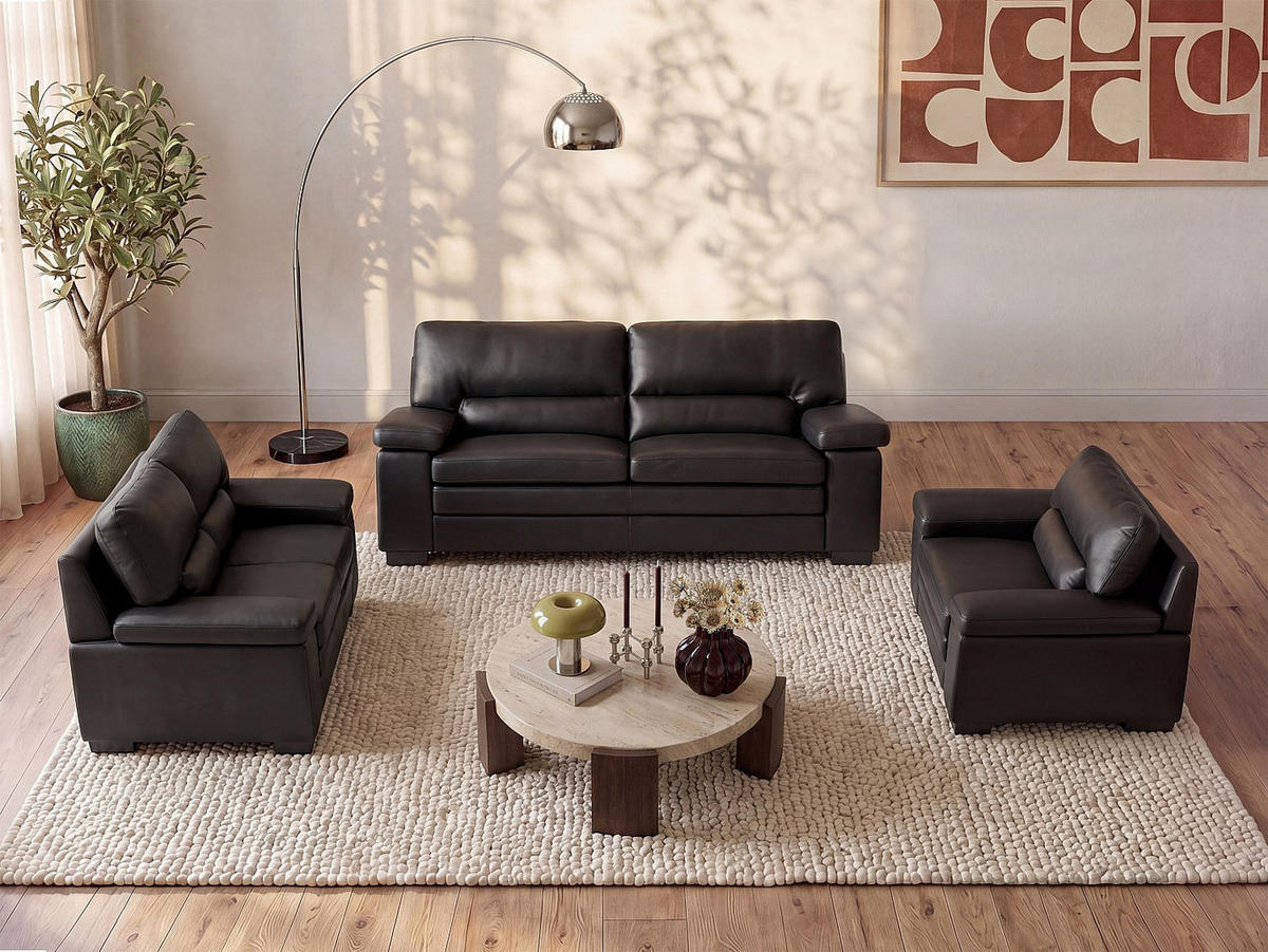 COUCHGARNITUR mit Sessel - 6 Personen - leder - schwarz Mimas - Schwarz, Leder (168/96/90cm) - Vente-Unique
