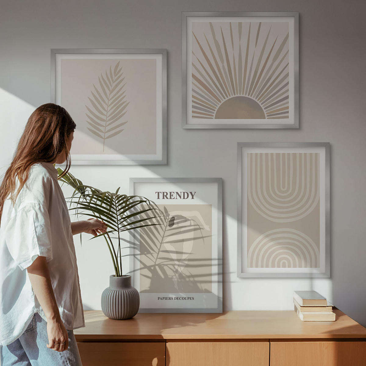 BILDER SET 4er Set - 50x50 cm & 40x60 cm Silberner Rahmen - Abstrakte Poster im Boho-Stil in Pastellfarben - Silberfarben, Kunststoff (50/50cm) - TULUP