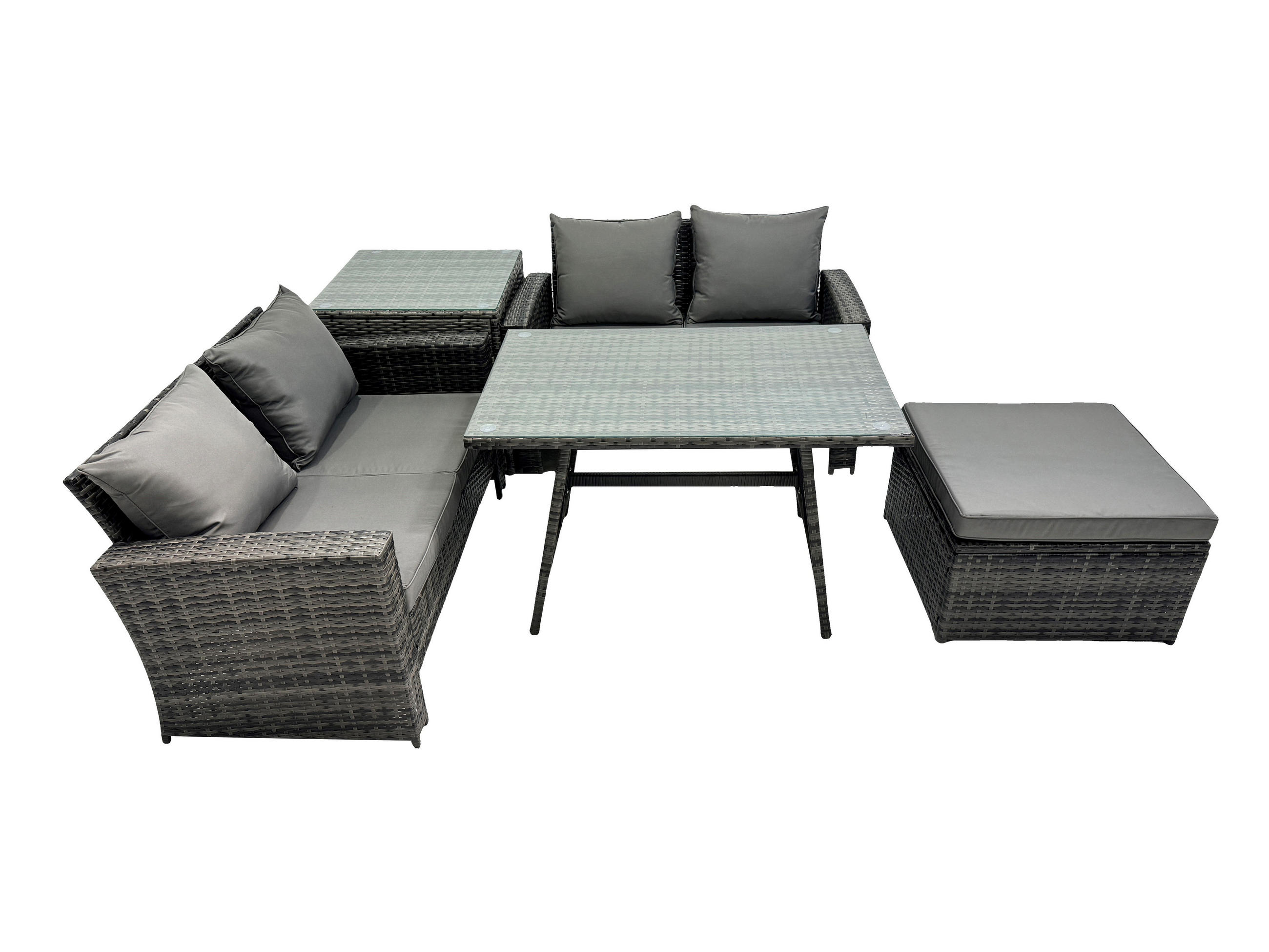 GARTENMÖBELSET mit ESSTISCH,HOCHLEHNER-SOFA Polyrattan Dunkelgrauer Mix 5-Sitzer - Dunkelgrau/Grau, Glas/Kunststoff - Fimous