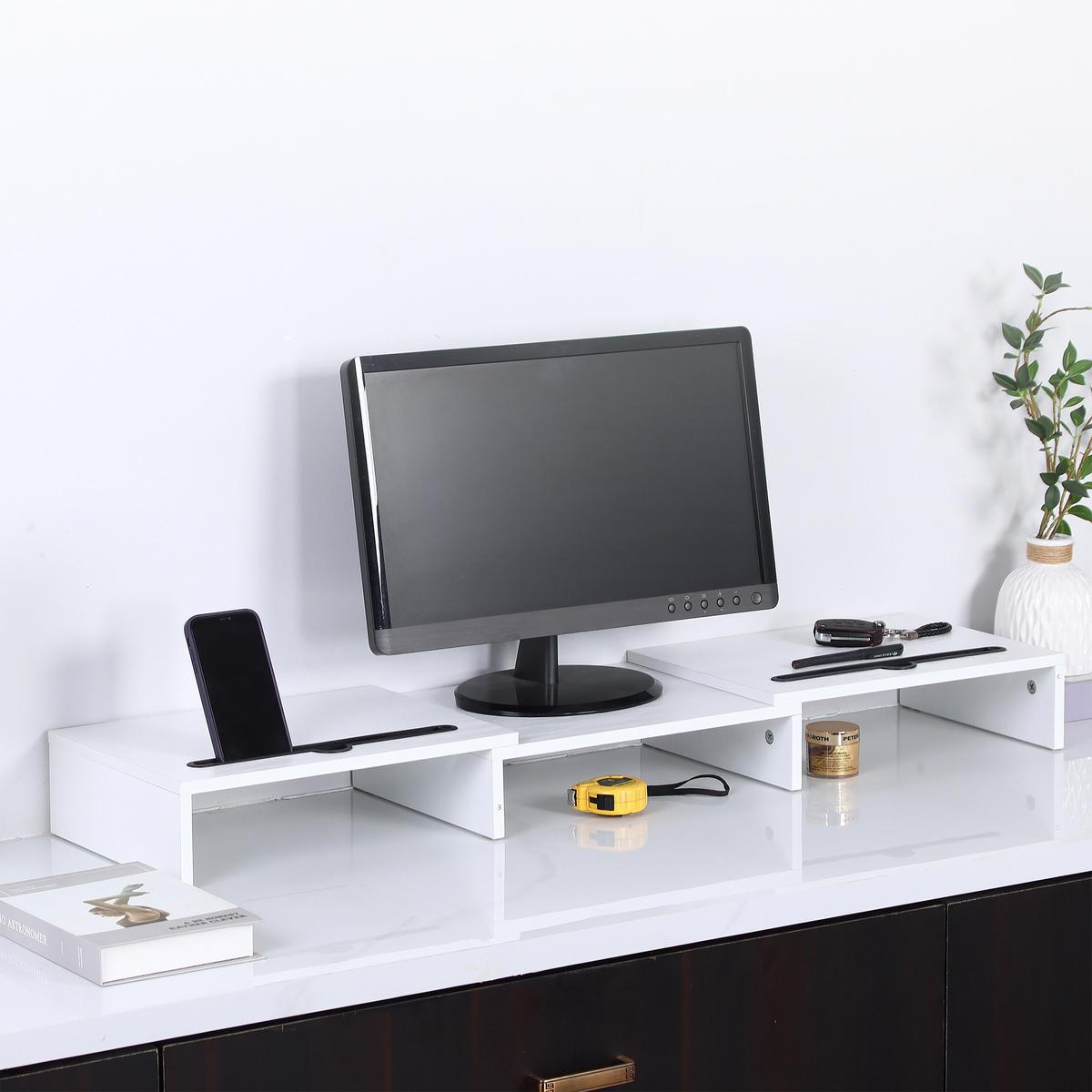 MONITORSTÄNDER - Weiß, Holzwerkstoff (27/105/10cm) - Relaxdays